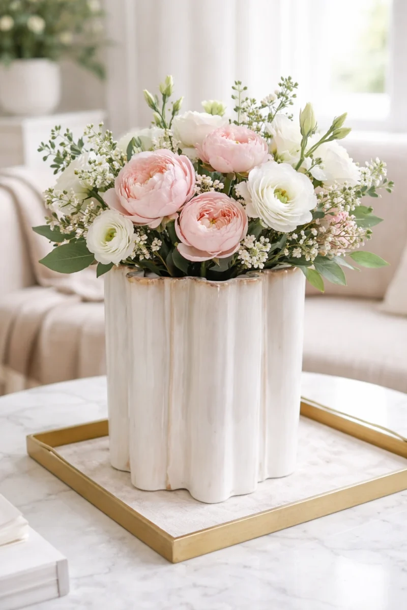 Ceramic folded vase white wi/brown rim 23x28x37cm